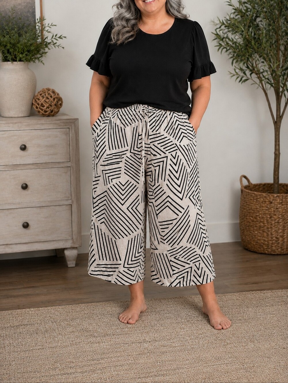 Rachel Zoe Black & Cream Wide-Leg Geometric Print Pants